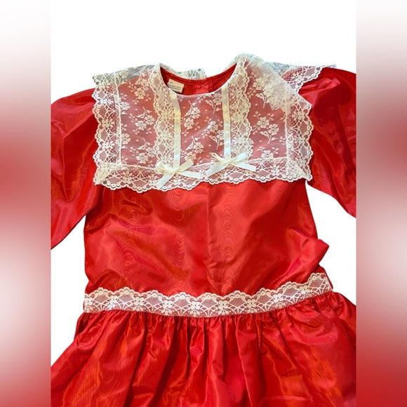Vintage MiniWorld Red Dress For Girls White Lace Trim Kids Sz 6X Like New - Picture 4 of 9
